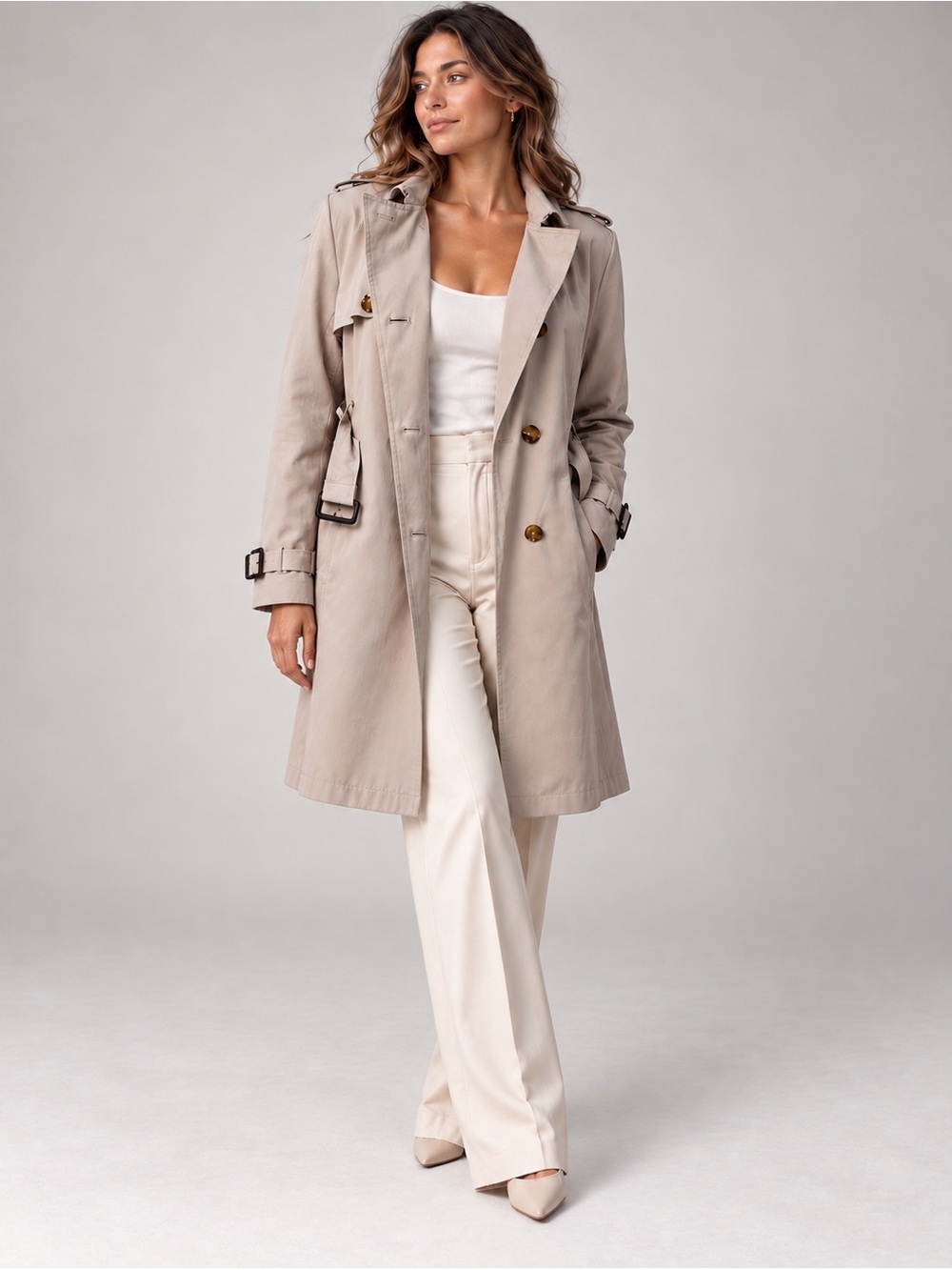 Tommy Hilfiger Double Breasted Belted Trench Coat Taupe Gray L